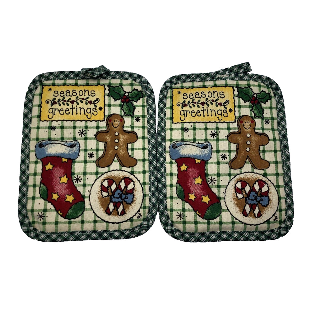 Vintage Seasons Greetings Hot Pad Set of 2 Green White Plaid 9x7" UNUSED YK